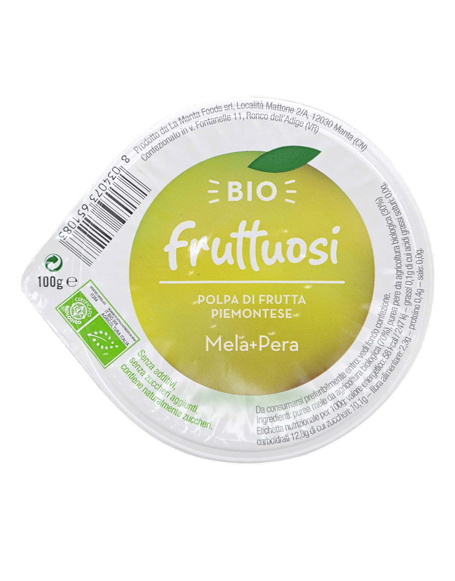 Bio Fruttuosi - Polpa di Frutta Piemontese - Mela + Pera di Fior di loto,  100 grammi 
